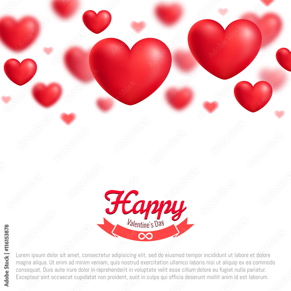 Valentine's day greeting card, red realistic hearts, vector illustration