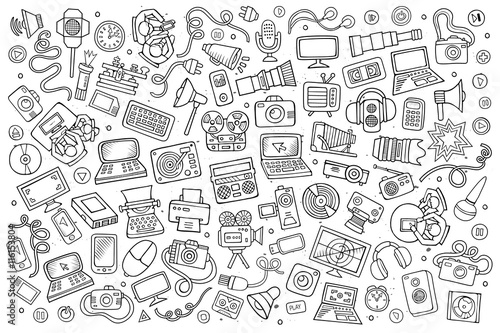 Sketchy vector hand drawn Doodle equipment and devices objects set