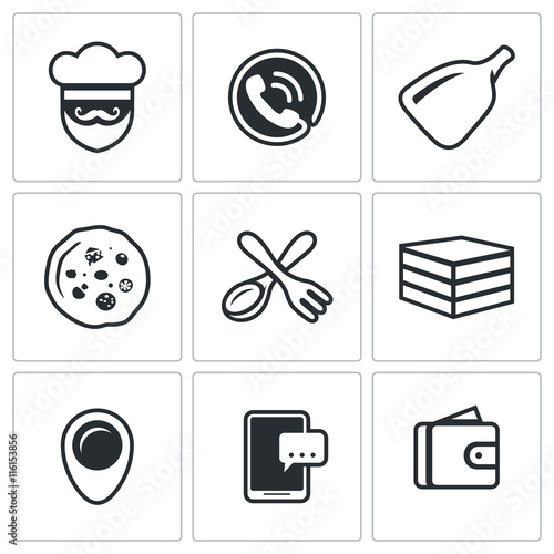 Vector Set of Pizza Delivery Icons. Cook, Order Manager, Shoulder baker, Pizza, Cutlery, Box Food, Address, Booking, Payment.