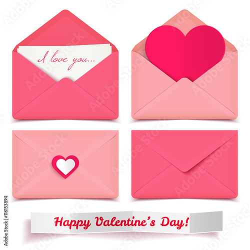 Set of four pink Valentine romantic vector envelopes isolated on white