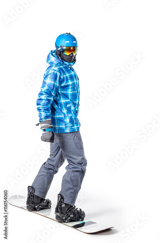 Portrait of young man in sportswear with snowboard isolated on a white background. © fotofabrika
