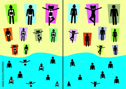 Illustration Nudismus; FKK; Strand; Badesachen; nackt; getrennt; baden; unbekleidet; Urlaub; verboten; erlaubt