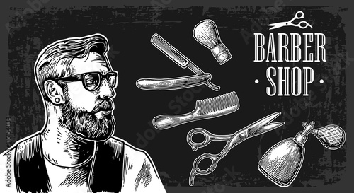 Hipster shave haircut in the BarberShop. Vector black and white illustrations and typography elements.