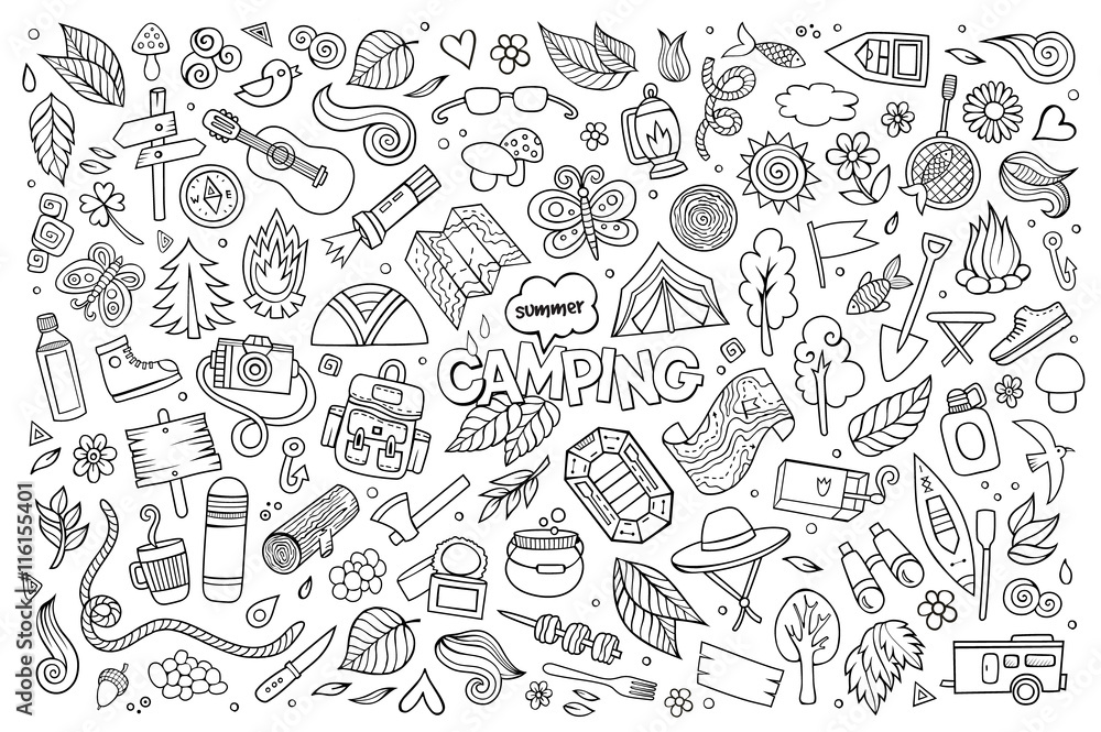 Camping nature symbols and objects