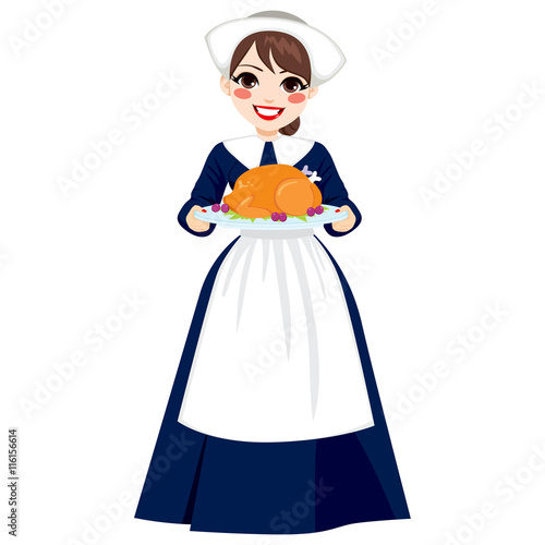 Beautiful young woman in traditional thanksgiving pilgrim costume holding tray with roasted turkey