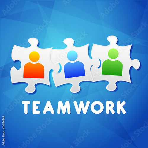 teamwork and puzzle pieces with person signs, flat design, vecto