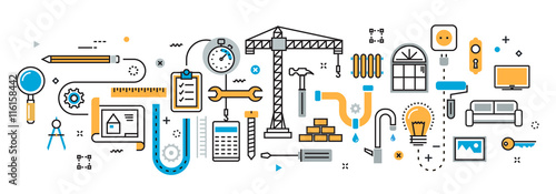 Flat line vector design illustration concept plan of house and home remodel process, repair service, building, painting, renovation and construction for website banner and landing page, infographics