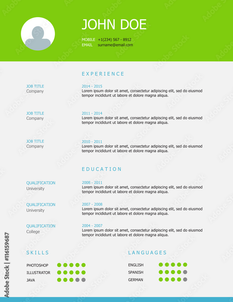 Fototapeta premium Resume template design with green and blue headings