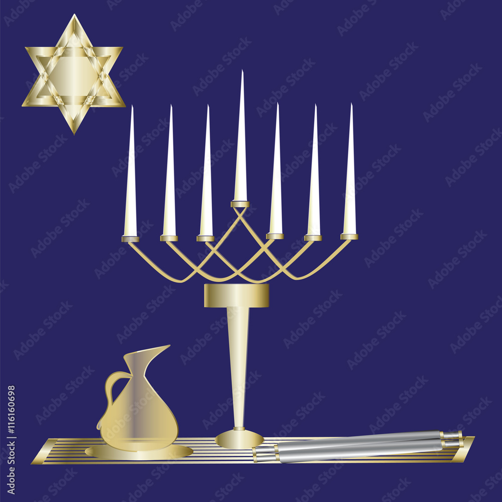menorah seven candles gold Star of David Scroll jug dark blue background vector menorah seven candles gold Star of David Scroll jug dark blue background vector