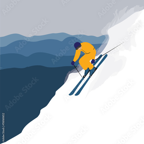 skier in a yellow ski suit descends from the mountain flat style art abstract creative modern vector illustration winter background