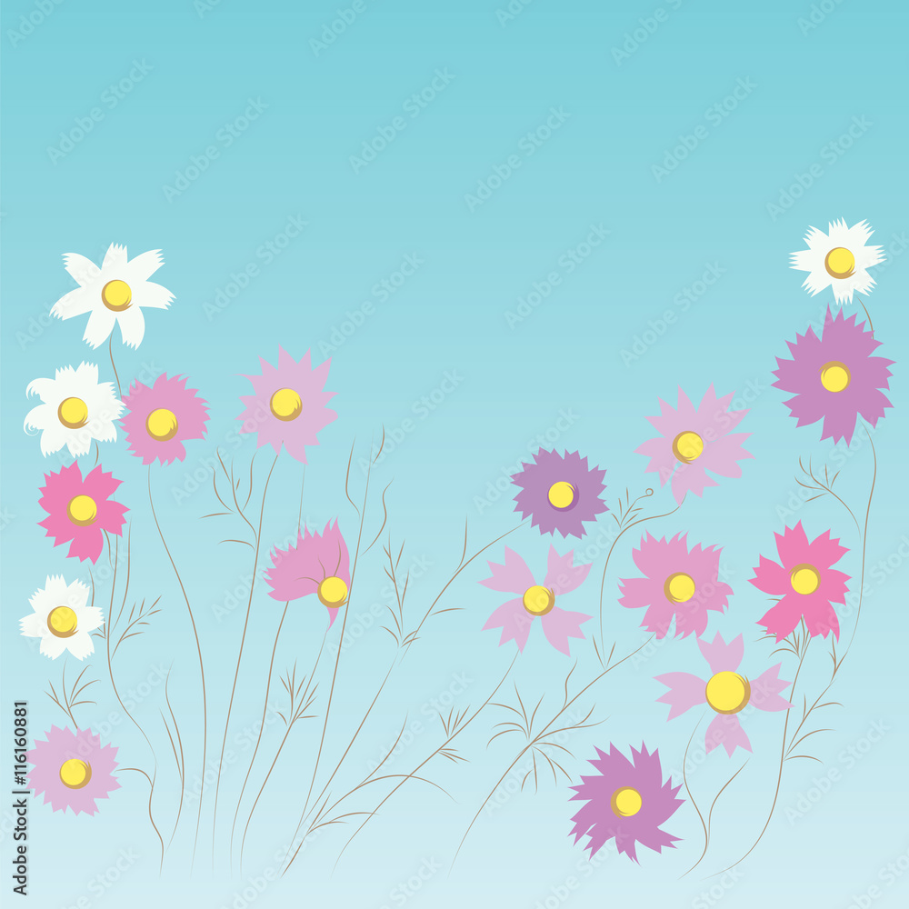 wildflowers daisies on thin stems romantic gentle spring summer blue background vector Some items are made in the style of hand-careless techniquee wildflowers daisies on thin stems romantic gentle spring summer blue background vector Some items are made in the style of hand-careless techniquee