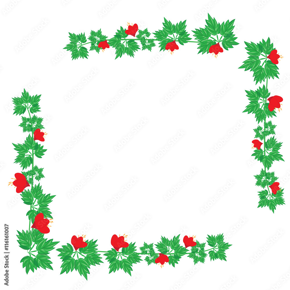 green branch with red flowers corner frame isolated on white background for Valentine's Day greeting card Mother Easter vector green branch with red flowers corner frame isolated on white background for Valentine's Day greeting card Mother Easter vector