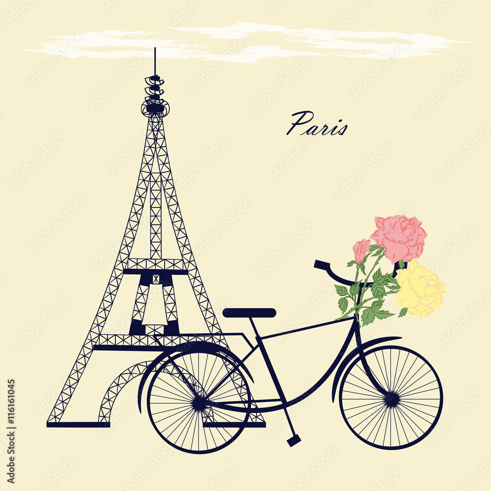 Naklejka Wieża Eifla rowerowych kwiatów róż pączka abstrakcjonistyczna ilustracyjna inskrypcja Paryski jaskrawy wektorowy tło