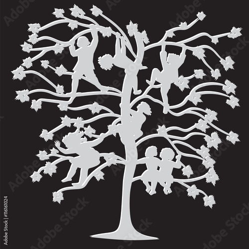 black and white silhouettes of children on the branches of trees in spring and summer abstract illustration isolated on a black background vector