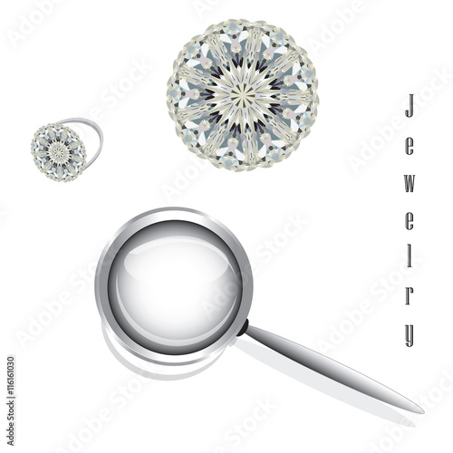 set jewelry diamond ring magnifier a diamond isolated abstract illustration inscription jewelry vector white background