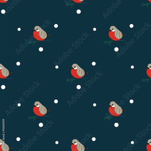 Bullfinch on branch of tree white balls pattern abstraction vector design on a blue background