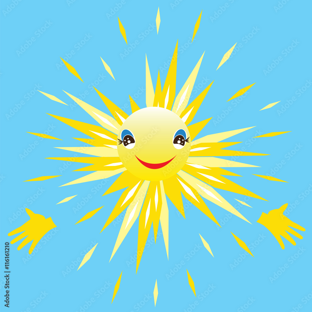 smiling sun rays palm isolated art vector illustration blue background