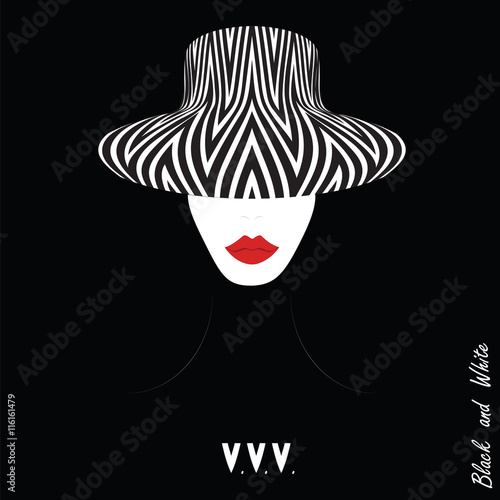 woman in a hat with a geometric pattern red lips inscription black and white art abstract modern vector illustration black background