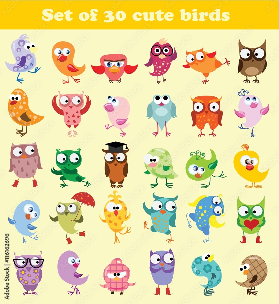 Obraz premium Set of cute cartoon bird.