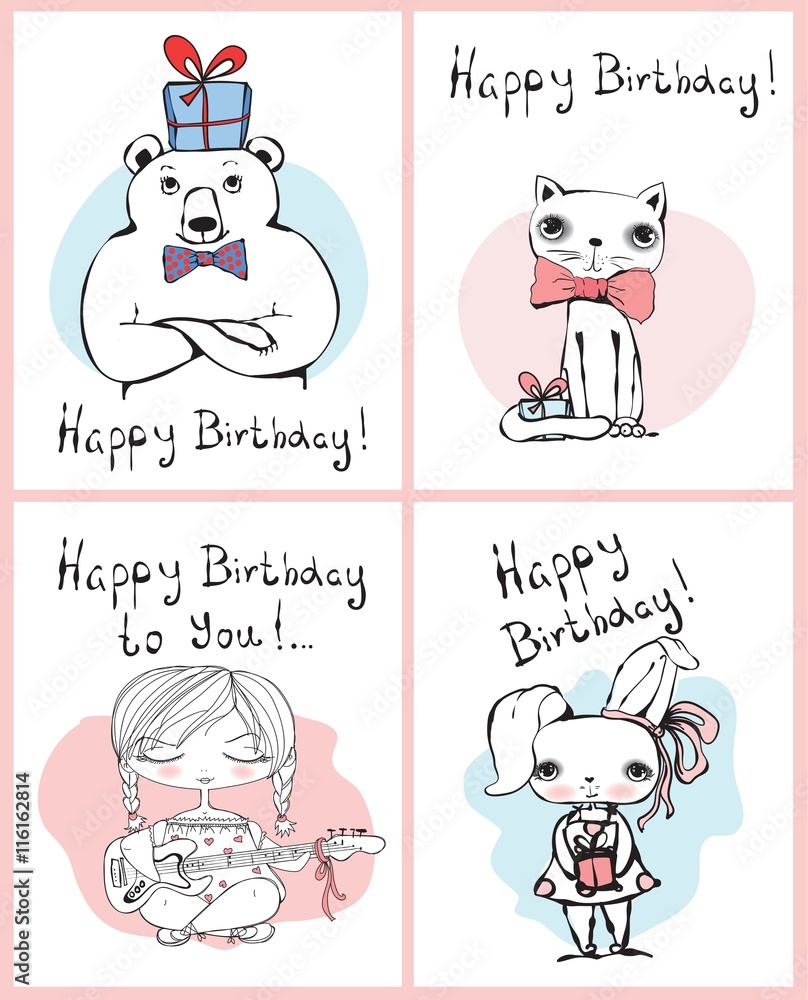 Obraz premium Set of 4 greeting cards with Happy Birthday.