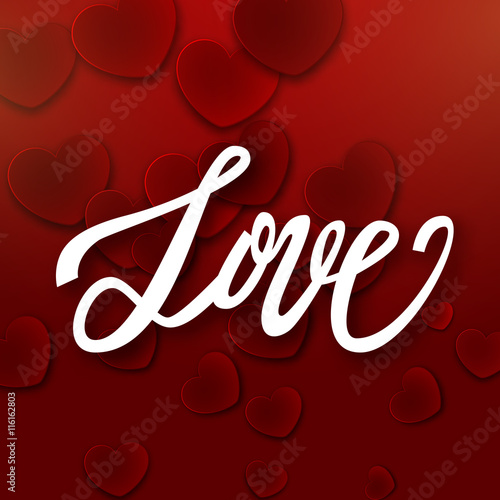 Love handwritten brush pen lettering on red hearts background, Valentine's Day, vector illustration