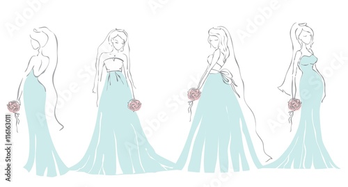 Silhouette of 4 bride in glamour dresses .Background for wedding invitation  the vector illustration