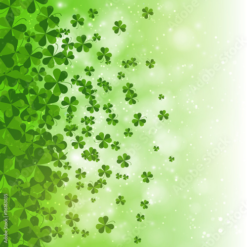 Happy Saint Patrick's day background design, postcard, template, invitation, green shamrock leaves, vector illustration
