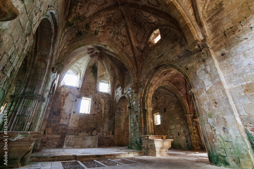 Indoor view abandoned monastery in Rioseco, Burgos, Spain