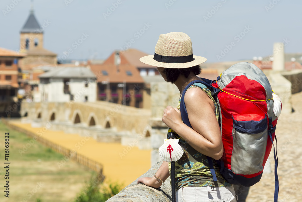 Φωτογραφία Camino de  Santiago, to Compostela with pilgrim woman in  Hospital de Orbigo br