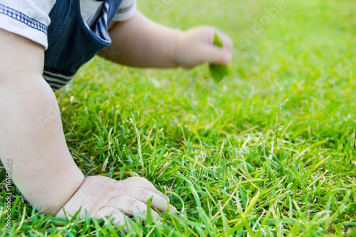 children's hands on the grass, the concept of learning to crawl baby, baby hygiene