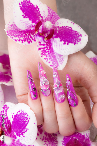 Long beautiful manicure with flowers on female fingers. Nails design. Close-up