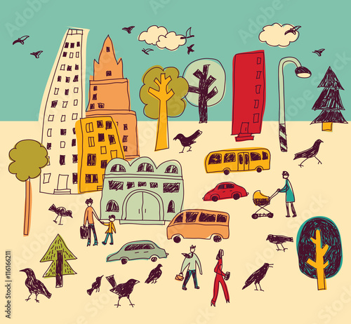 Doodles urban park landscape walking color city life.