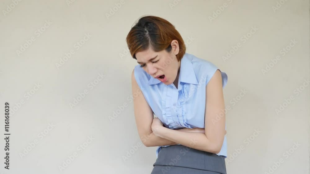 sick woman suffering from stomachache, pain, menstruation cramp, diarrhea