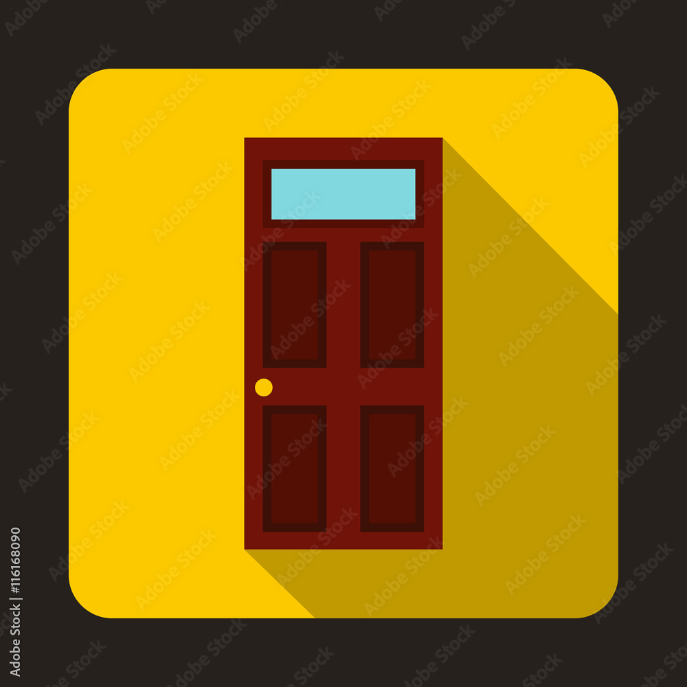 Brown wooden door with glass icon in flat style on a yellow background Brown wooden door with glass icon in flat style on a yellow background