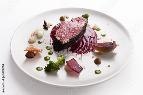 Veal fillet. Molecular cuisine with steak.