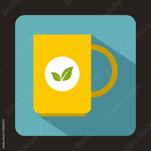 Yellow cup of tea icon in flat style on a baby blue background