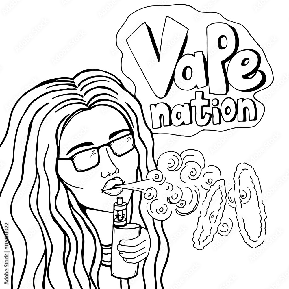 Line art woman smoke electronic cigarette and doing vape tricks, vector