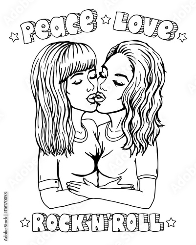 Line art lesbians kissing with message peace, love, rock and roll. Lesbian couple kiss - vector comics sketch.