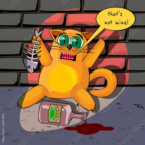 Red cat caught red-handed at the time of drinking valerian. Cartoon vector illustration with isolated objects.