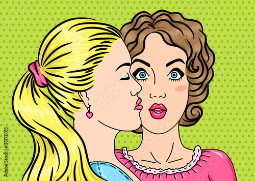 Lesbians kissing  first date concept in pop art comic style. Blonde and brunette lesbian couple kissing.