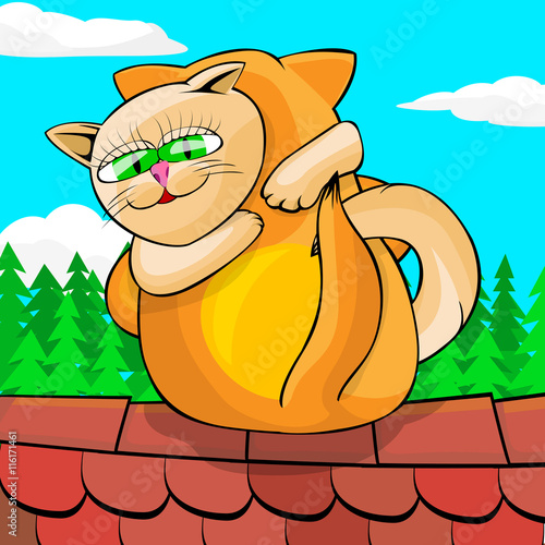 Red and white cats cuddling on tiled roof. Cats are sitting on the background of the sky above their heads clouds float. Cartoon vector illustration.