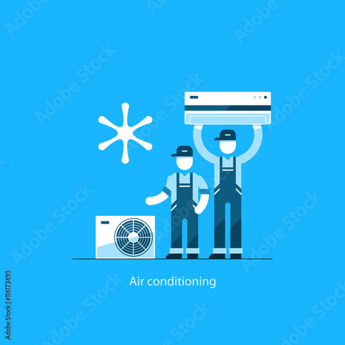 Home air conditioning service, climate control concept, house cooling icons, repairman in uniform