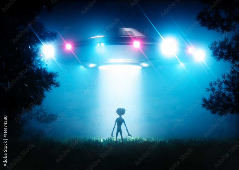 The ufo hovering over the alien visitor - obrazy, fototapety, plakaty 
