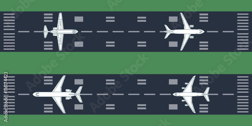 Airplanes at runway. Vector illustration. Each object is grouped individually. 