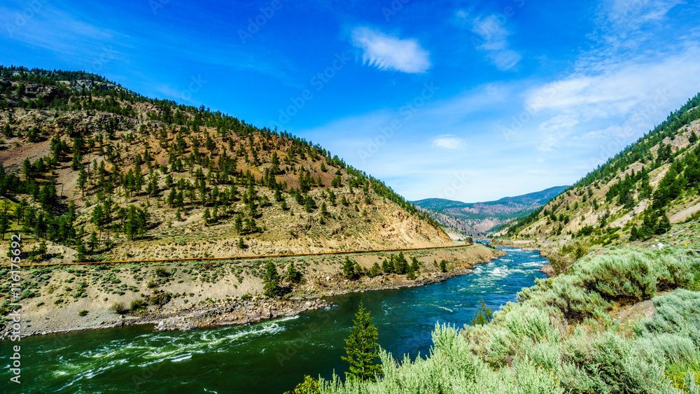 Thompson River with its many rapids flowing through the Canyon in the Coastal Mountain Ranges of British Columbia