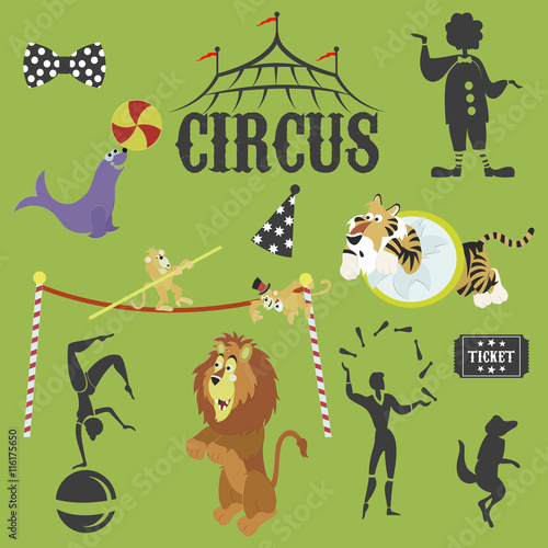Circus performance decorative icons set with athlete animals magician