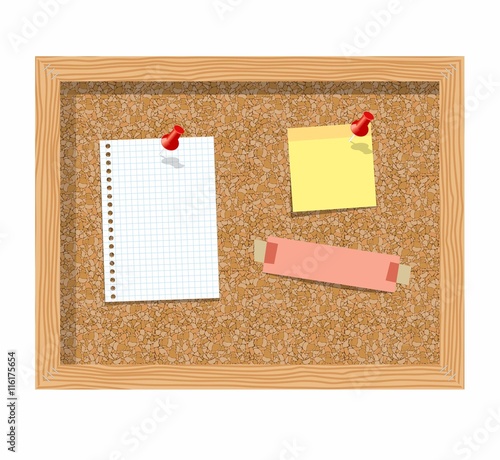 Cork board with pinned paper notepad sheets realistic illustration. illustration board for notes. A noteboard made of cork with some pins and blank papers