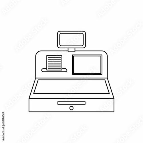 Cash register with cash drawer icon in outline style isolated vector illustration