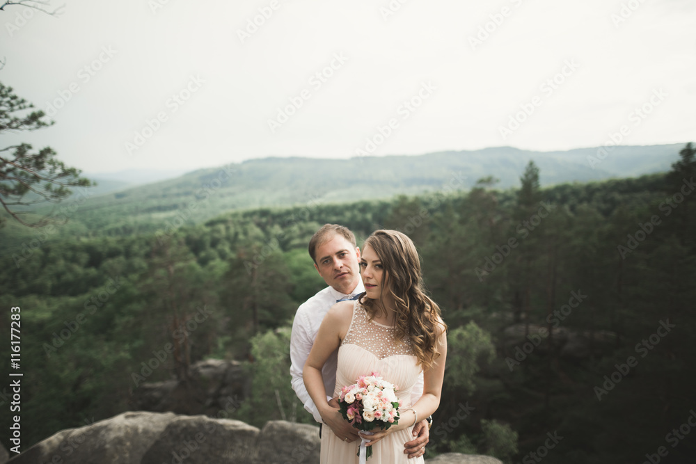 Gorgeous bride, groom kissing and hugging near the cliffs with stunning views Gorgeous bride, groom kissing and hugging near the cliffs with stunning views