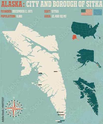 Quadro em tela Large and detailed infographic of the City and Borough of Sitka in Alaska
